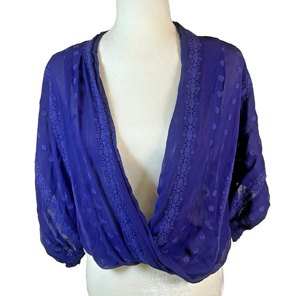 Anthropologie ZOA Womens XS Sheer Silk Purple Wrap Crop Dolman Blouse Boho Top - Picture 1 of 12
